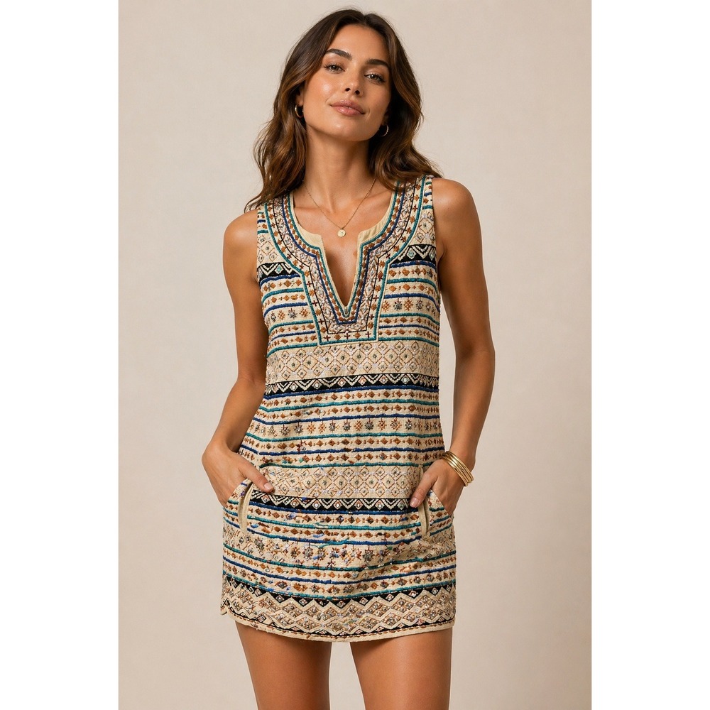 Lucky Brand Beige Teal Navy Printed Sleeveless Shift Dress